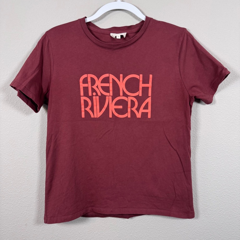 Sezane French Riviera Graphic T-Shirt Burgundy 100% Cotton Women's XS